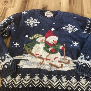 Vintage Tiara International Blue with Sequins Snowman Crew Neck Sweater Size S